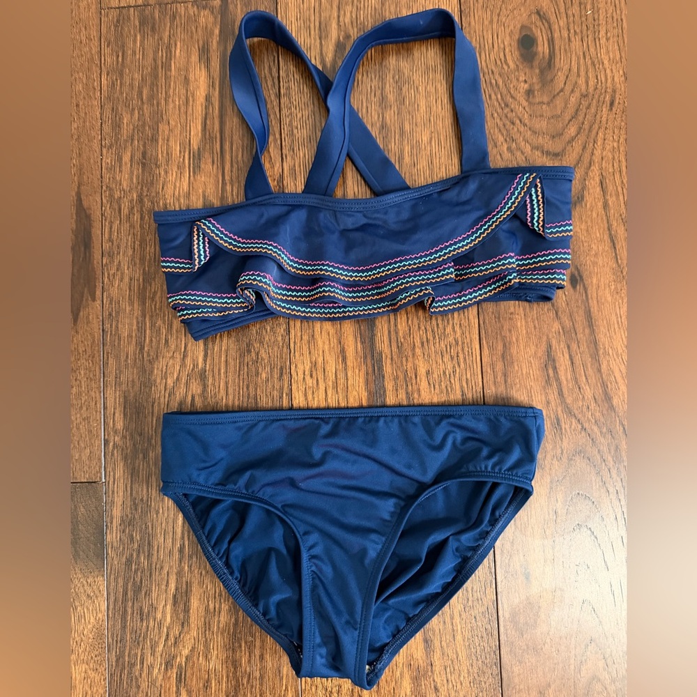 Lands End Navy Blue Bikini with Colorful Trim. Girls Size 10.